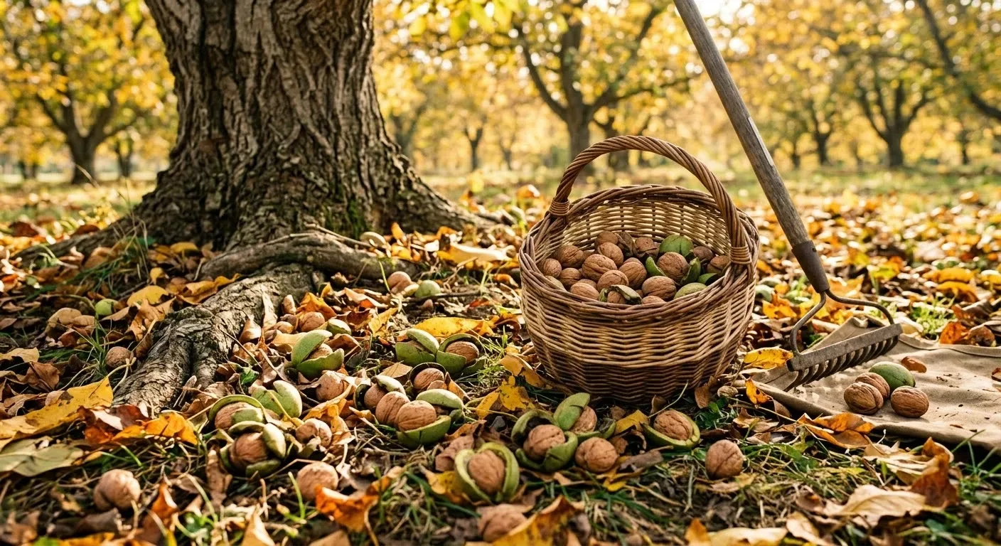 رسیده و سبد برداشت زیر درخت گردو در پاییز